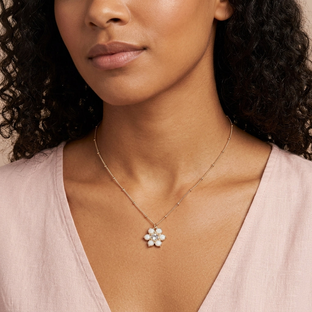 Woman in a light pink top wearing a floral crystal pendant necklace
