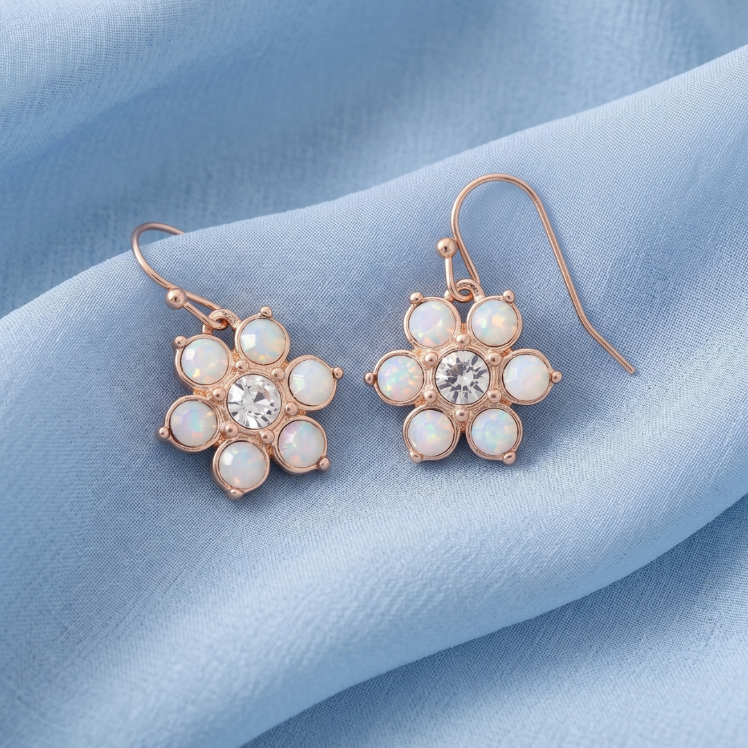 Opal Radiance Stone & Crystal Flower Drop Earrings displayed on a soft light blue fabric background.