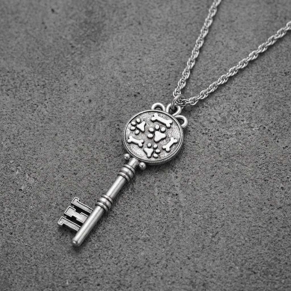 Silver key-shaped pendant with dog bones and paws motif necklace on a textured gray surface