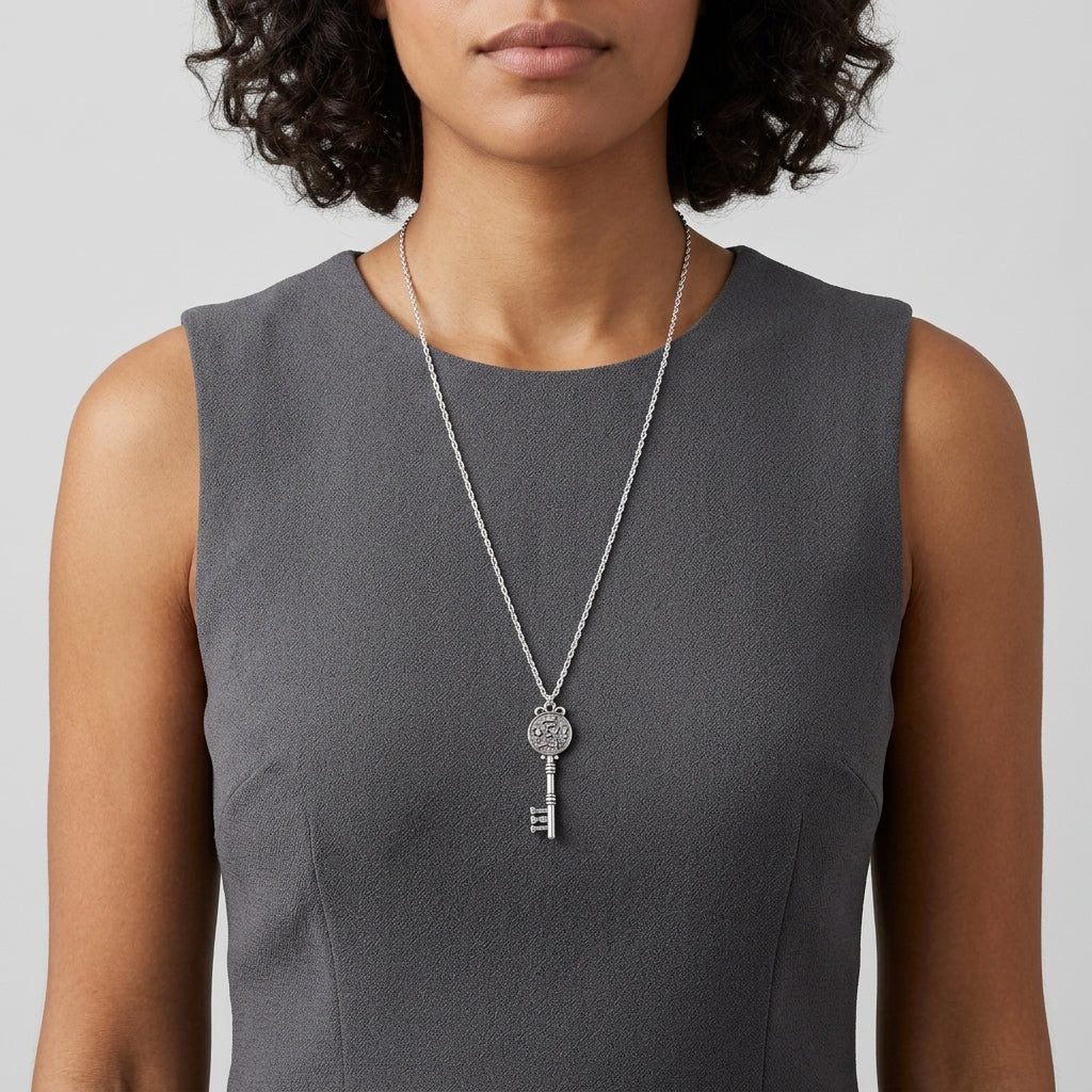 Person wearing a silver necklace with a key pendant on a plain background