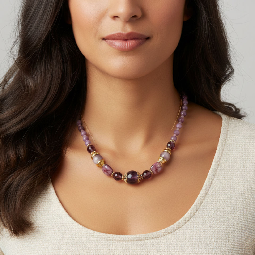 Woman wearing a beaded necklace with a neutral background