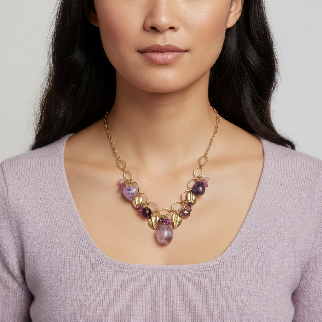 Woman wearing a gold and purple beaded necklace against a neutral background