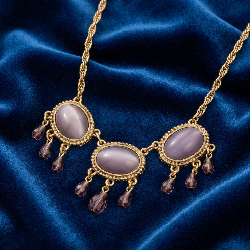 Gold necklace with purple stones on a blue velvet background