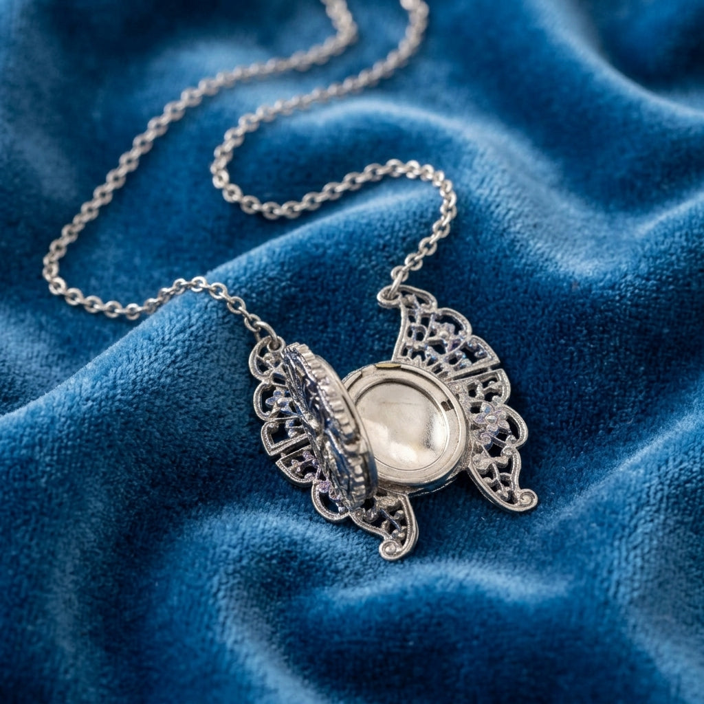 Silver necklace with a detailed butterfly locket pendant opened on a blue fabric background