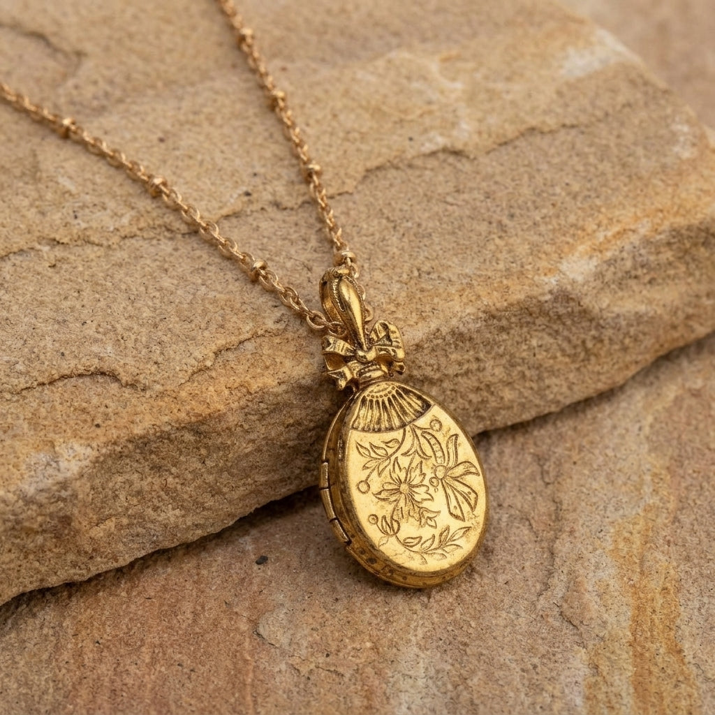 Gold floral locket necklace on a stone surface