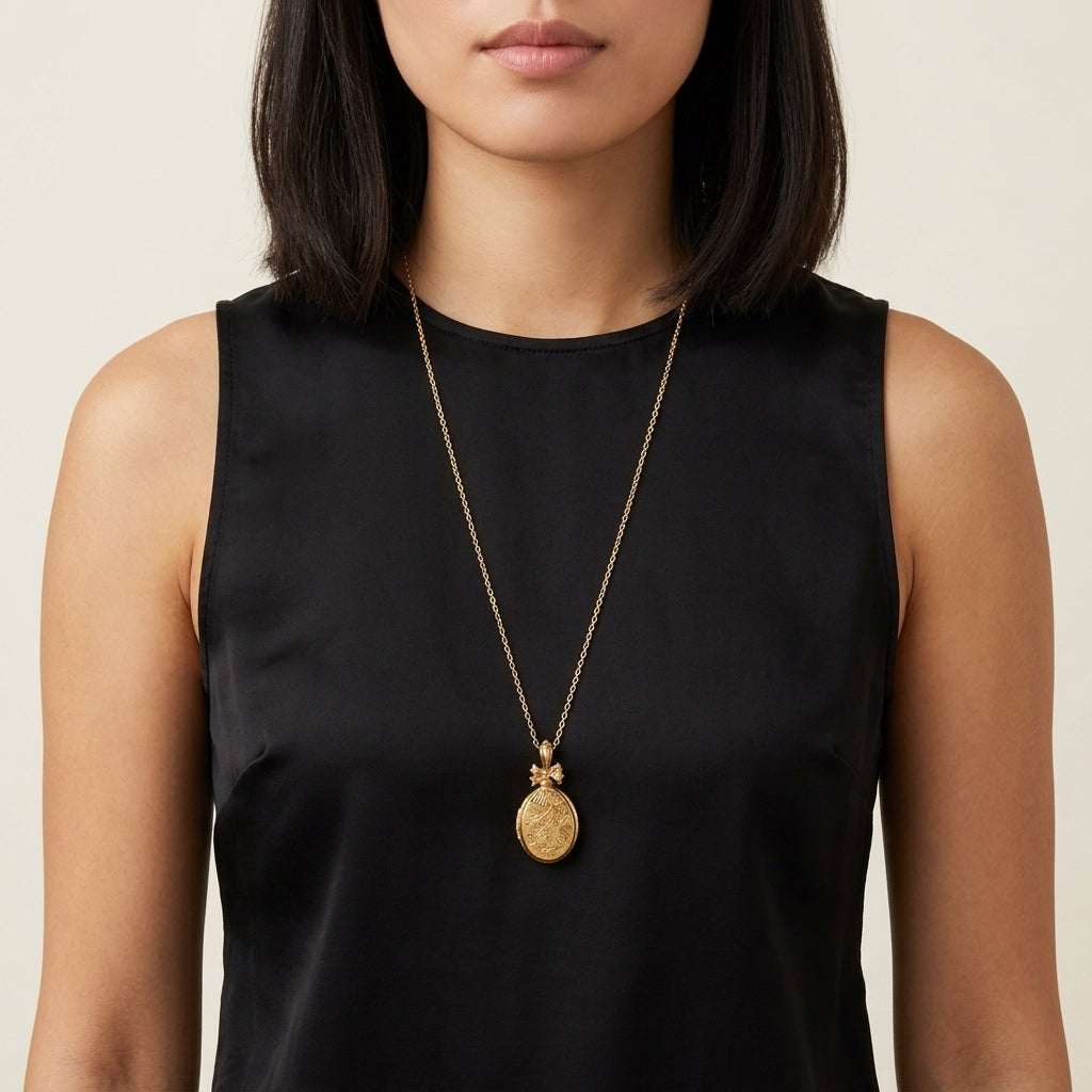 Woman wearing a black sleeveless top with a gold locket necklace featuring a pendant.