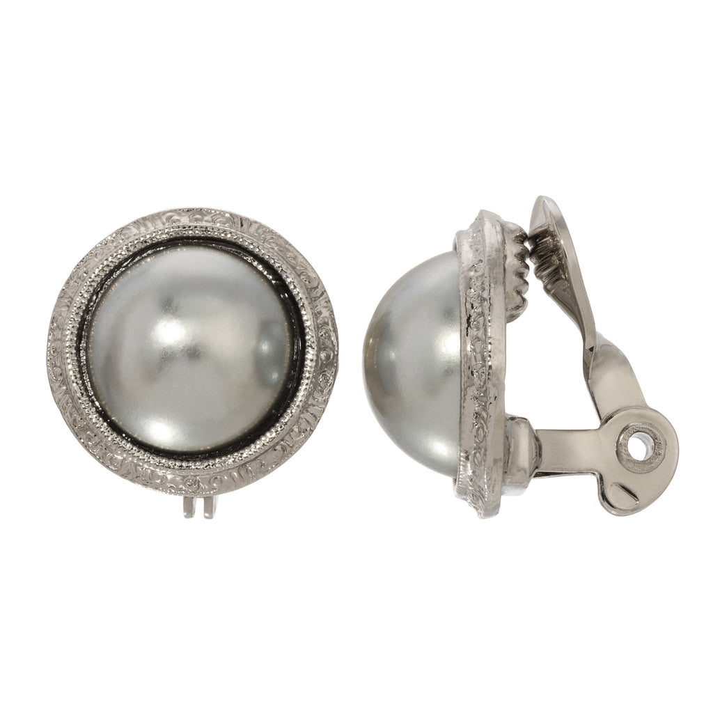 1928 Jewelry Round Gray Faux Pearl Clip On Earrings