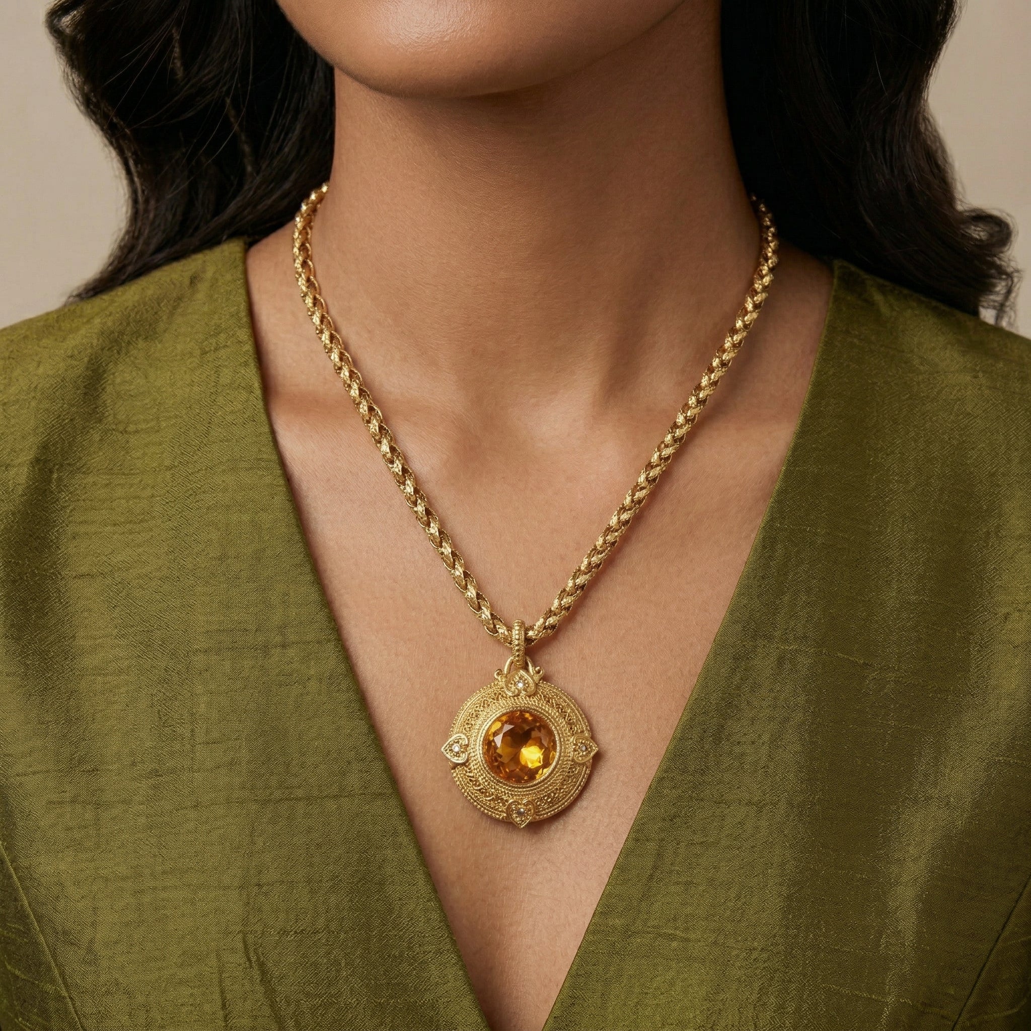 Woman wearing Heart & Topaz Crystals Round Pendant Necklace