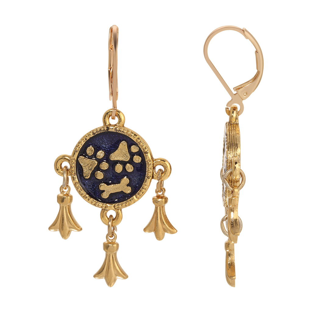 1928 Jewelry Sapphire Blue Enamel Paws And Bone Dangling Charms Earrings