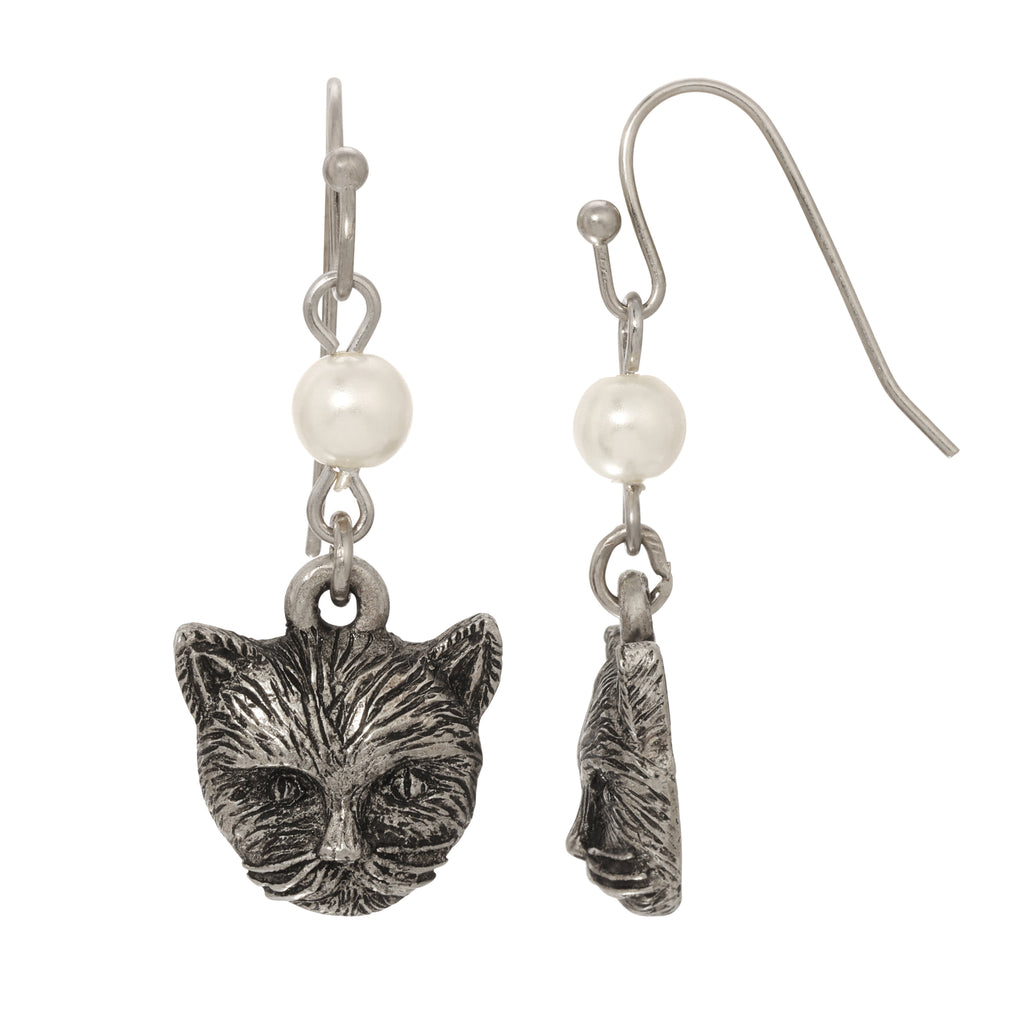 1928 Jewelry Faux Pearl Cat Dangling Earrings