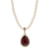 1928 Jewelry Faux Pearl Strand Red Glass Teardrop Crystal Pendant Necklace 15