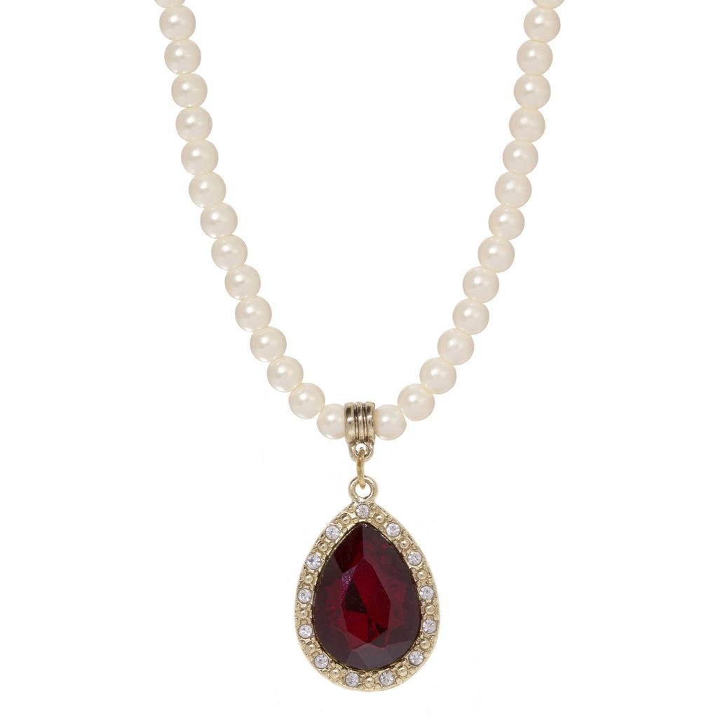 1928 Jewelry Faux Pearl Strand Red Glass Teardrop Crystal Pendant Necklace 15" + 3" Extender