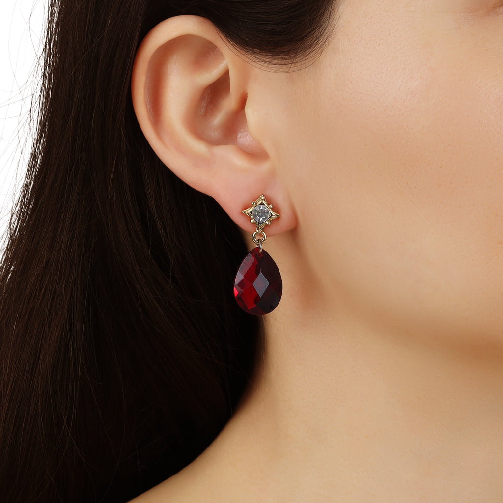 14k gold dipped red glass stone briolette stud earrings