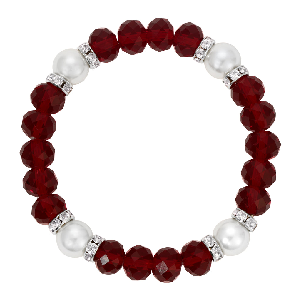Siam Red Crystals & Glass Pearls Elegance Stretch Bracelet