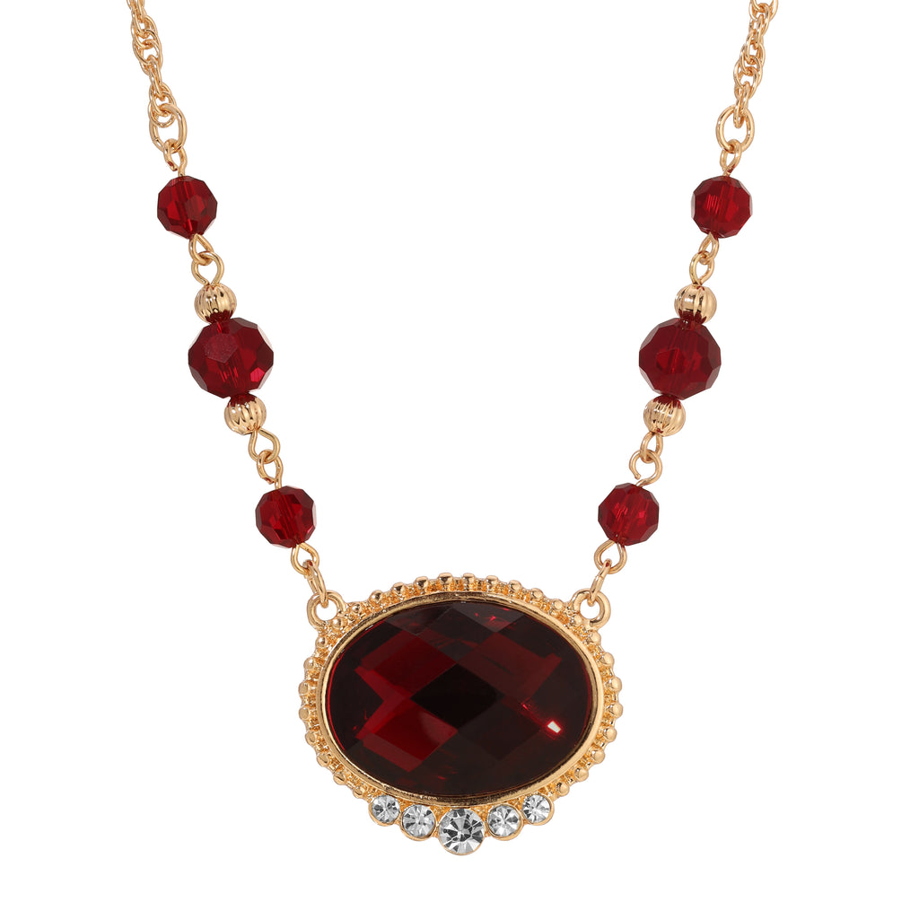 Radiant Siam Red Oval Stone & Glass Crystal Pendant Necklace 16" + 3" Extender