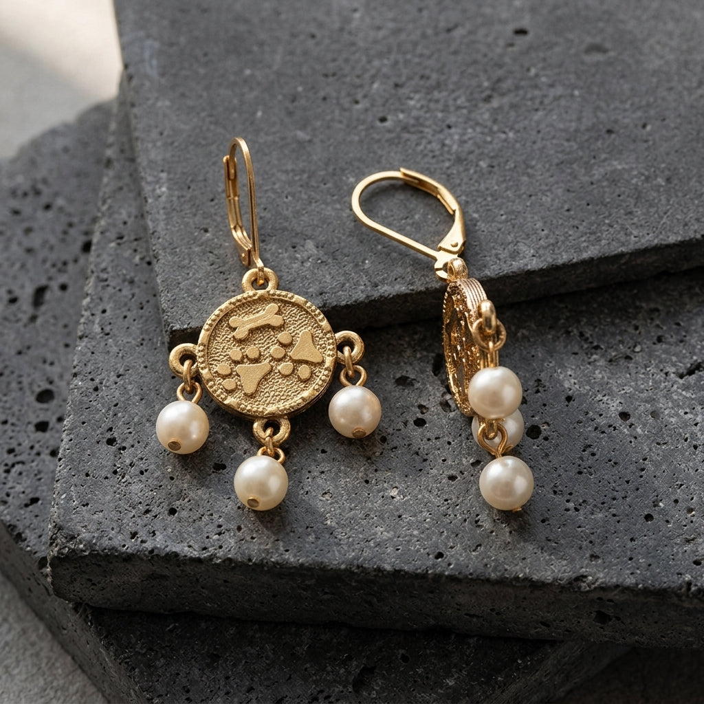 Paws & Bones Faux Pearl Dangling Earrings on a dark stone surface