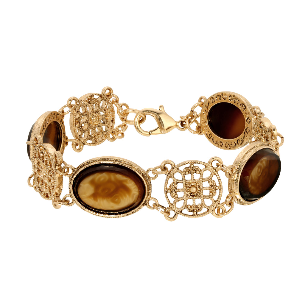 1928 Jewelry Meso Round Intricate Filigree Oval Topaz Glass Stones Link Bracelet 7.75"