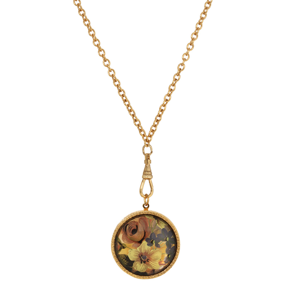 1928 Jewelry Round Multicolor Flower Glass Swivel Pendant Locket Necklace 28"