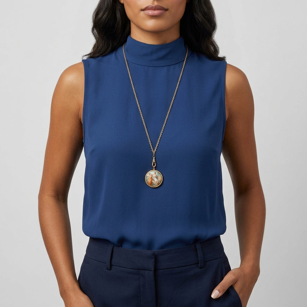 Woman wearing a blue sleeveless top with a locket necklace on a plain background
