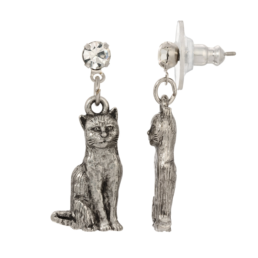 1928 Jewelry Sitting Cat Clear Crystal Post Drop Earrings