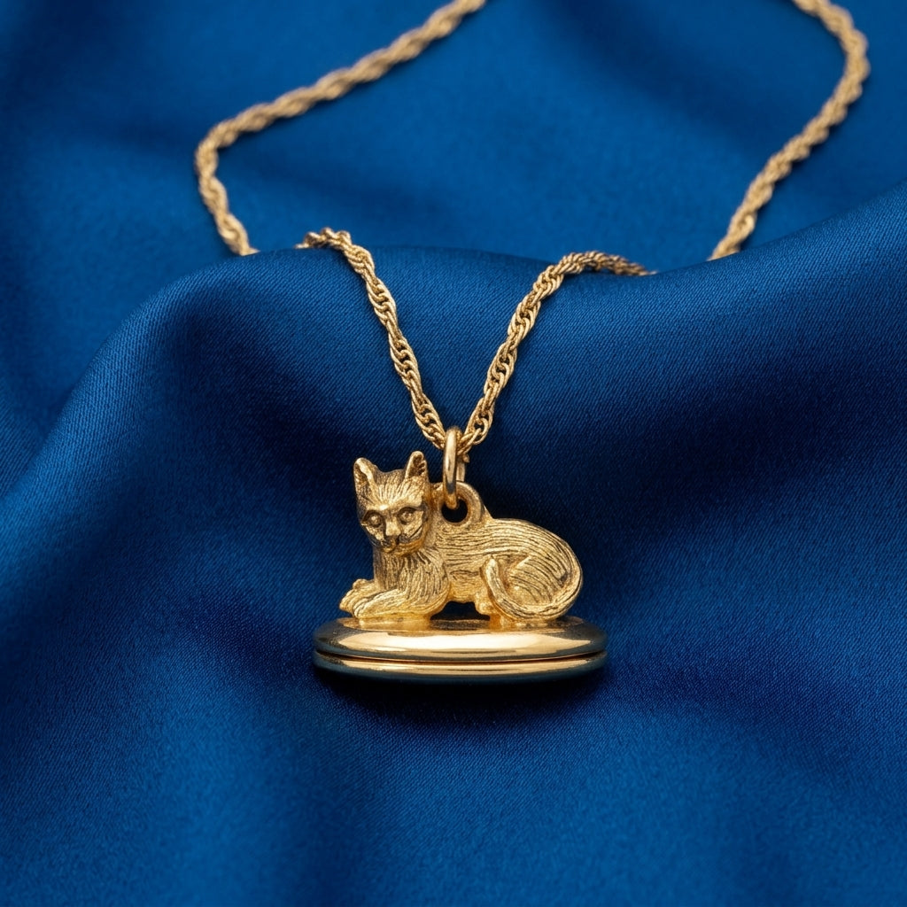 Gold cat-shaped locket pendant on a chain against a blue fabric background