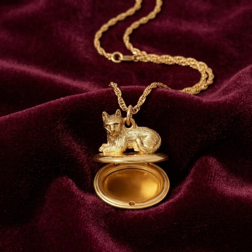 Gold necklace with a cat-shaped locket pendant on a burgundy fabric background