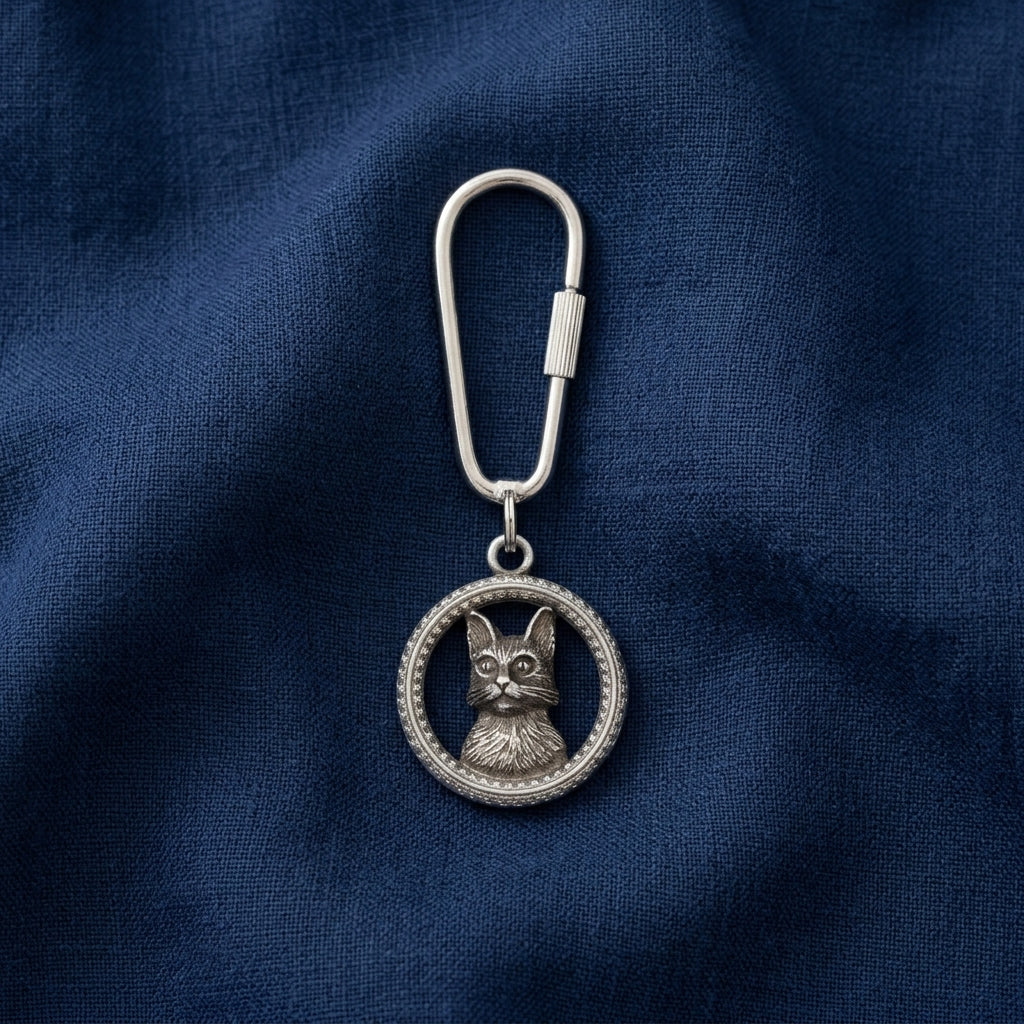 Silver keychain with a cat design on a blue fabric background