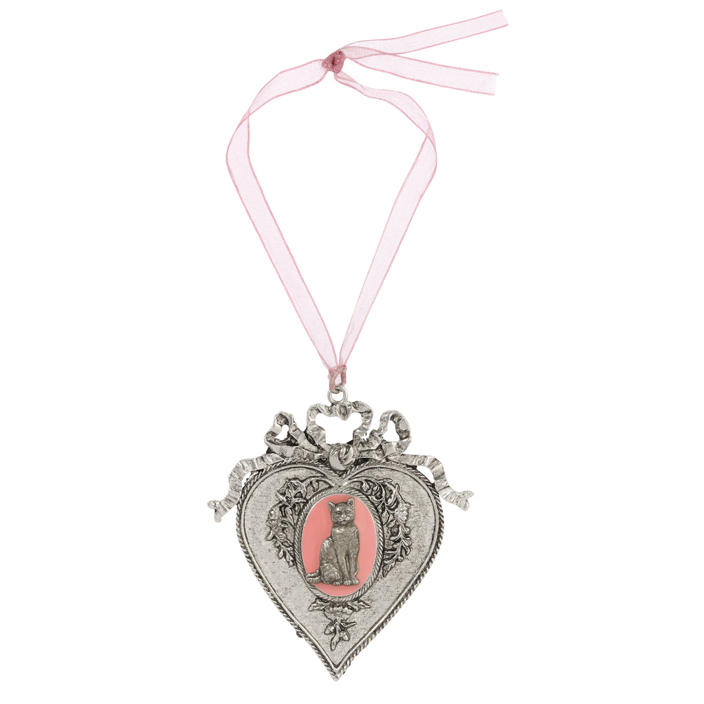 1928 Jewelry Cat Oak Flower & Vine Pink Ribbon Heart Ornament