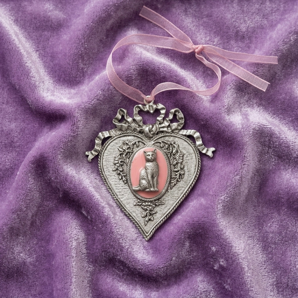 Decorative heart-shaped ornament with a cat illustration on pink enamel on a purple fabric background