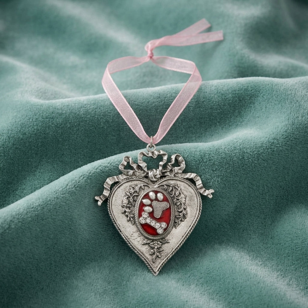 Decorative heart-shaped ornament with a pink ribbon and pet-themed design on a teal fabric background