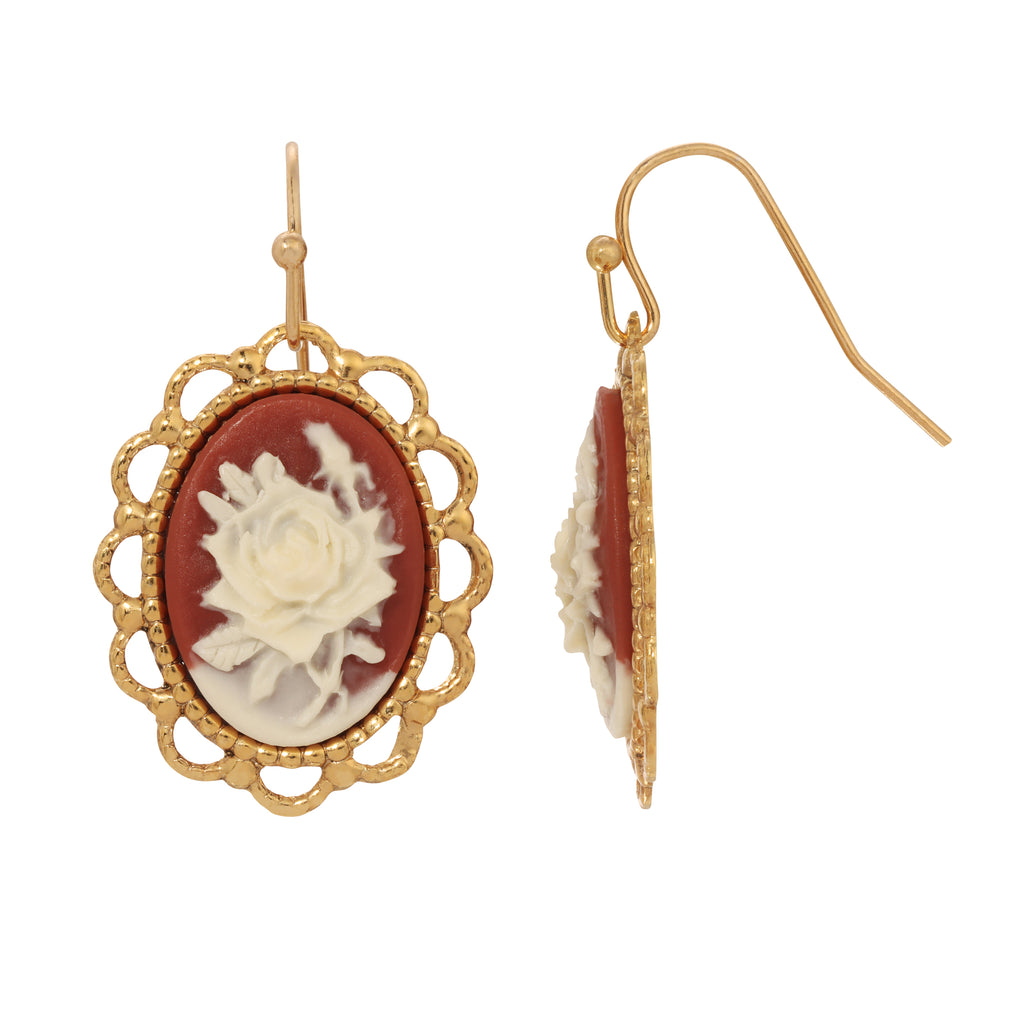 1928 Jewelry Oval Carnelian Red And Ivory Rose Cameo Drop Earrings