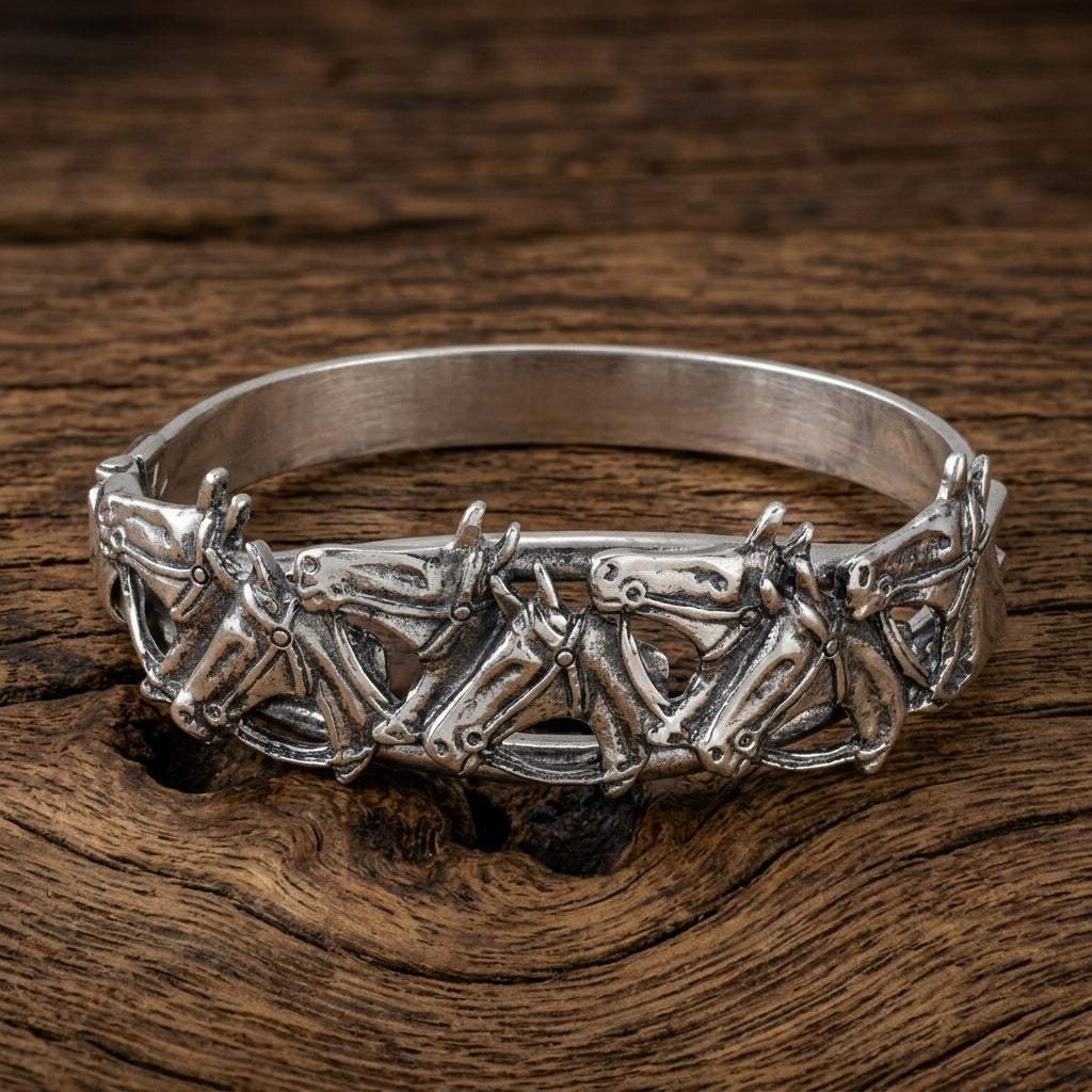 Silver bracelet with racing horse designs on a wooden surface