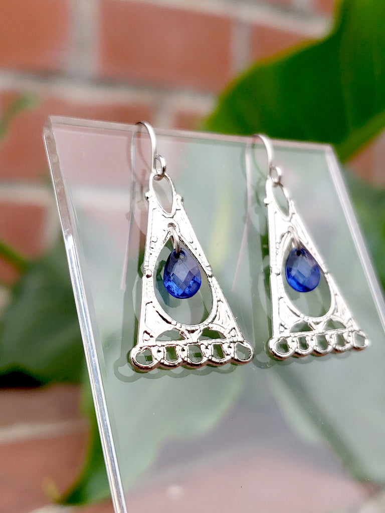 1928 jewelry triangular suspended blue drop earrings