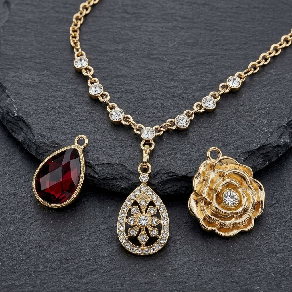 Three interchangeable gold tone necklace pendants with clear and red crystal, resting on a dark stone surface.