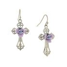 Silver & Purple Porcelain Rose Cross Drop Earrings