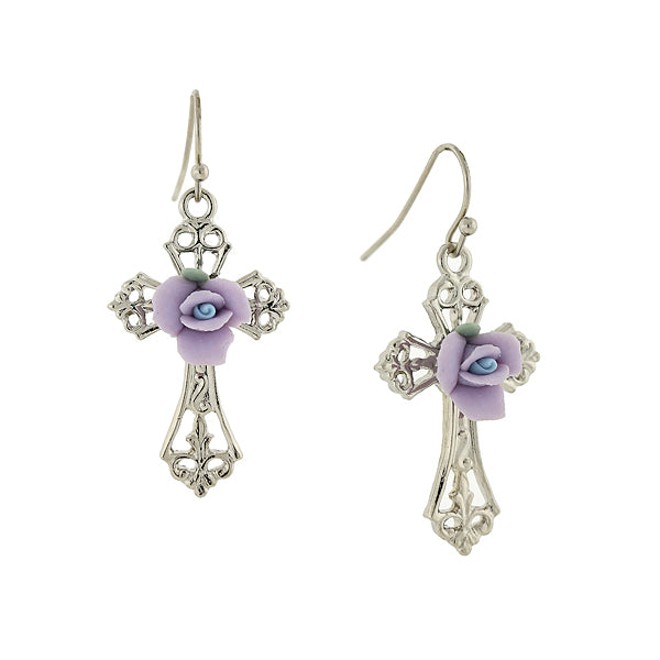 Silver & Purple Porcelain Rose Cross Drop Earrings