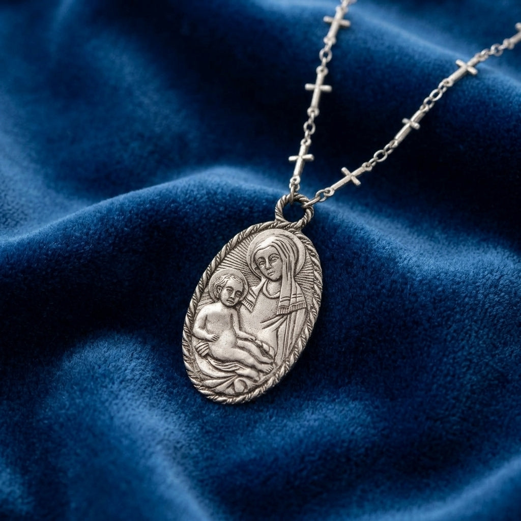 Silver necklace with a pendant featuring a religious design of Madonna and Child on a blue fabric background