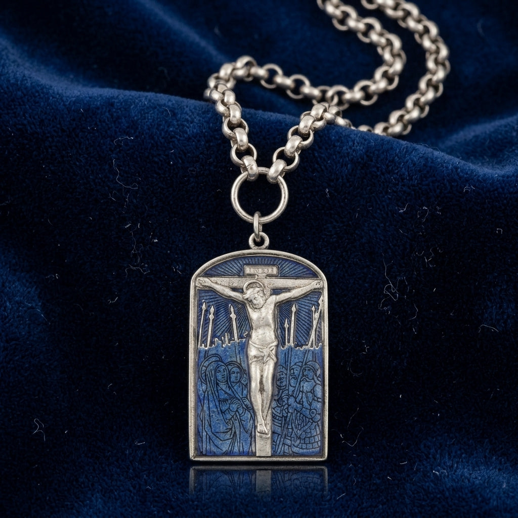 A religious pendant necklace depicting the crucifixion of Jesus on a blue fabric background
