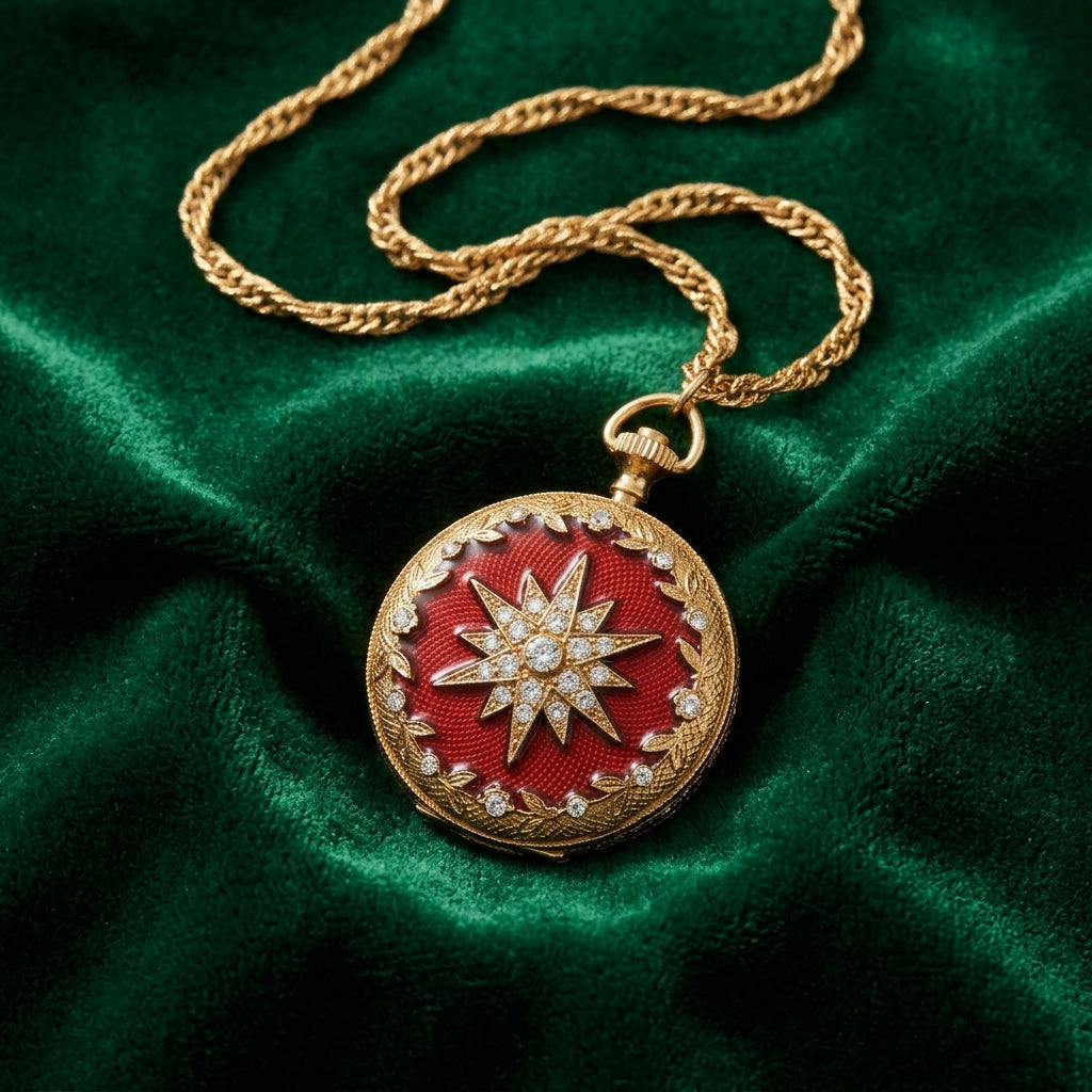 Gold necklace with a red pendant featuring a starburst and crystal accents design on a green fabric background