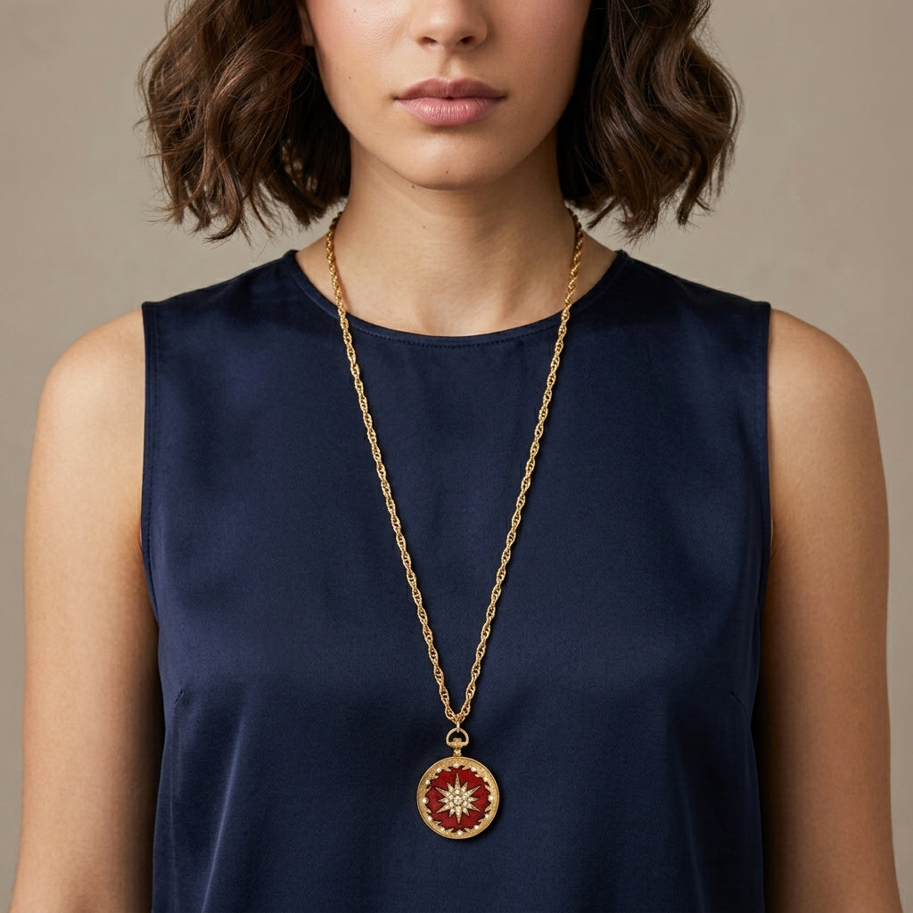 Woman wearing a gold necklace with a red starburst pendant on a neutral background