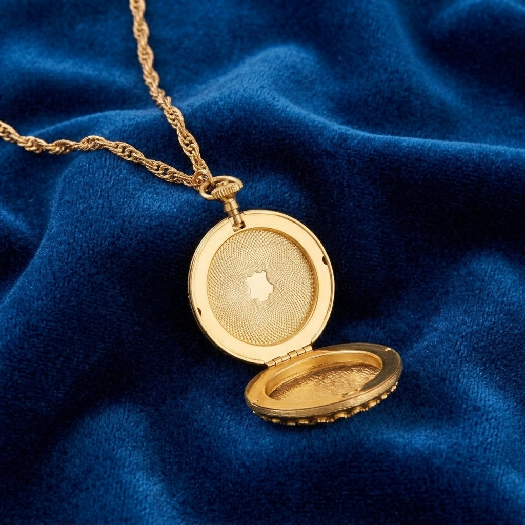 Gold locket opened on a blue fabric background