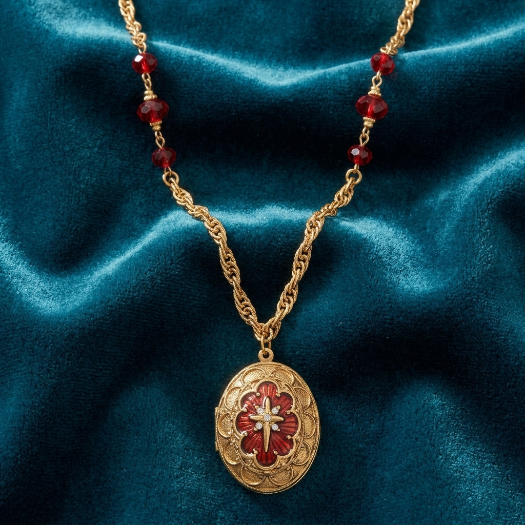 Gold necklace with a red Star of Bethlehem pendant on a blue velvet background