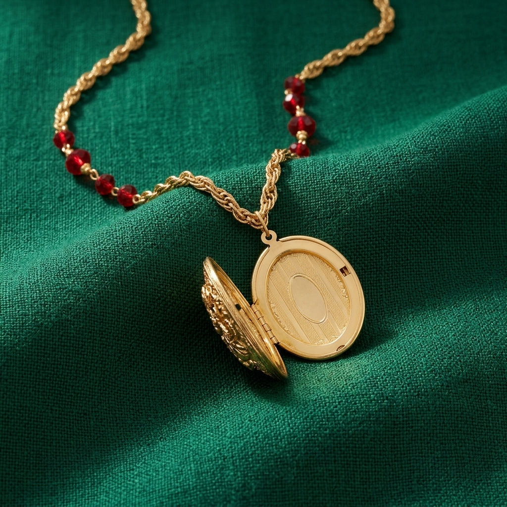 Gold opened locket necklace with red beads on a green fabric background