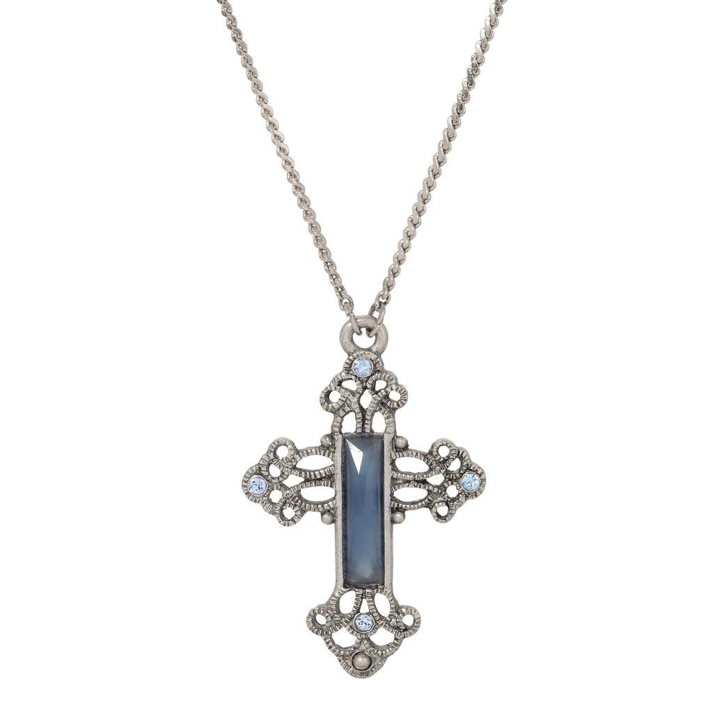 Symbols Of Faith Blue Glass Stone Filigree Crystal Cross Pendant Necklace 30"