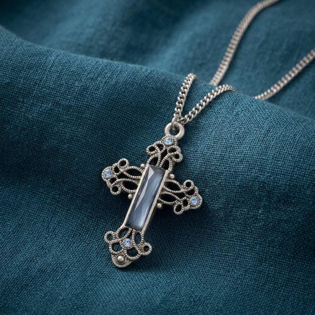 Decorative cross pendant necklace with blue crystals and gemstones on a blue fabric background
