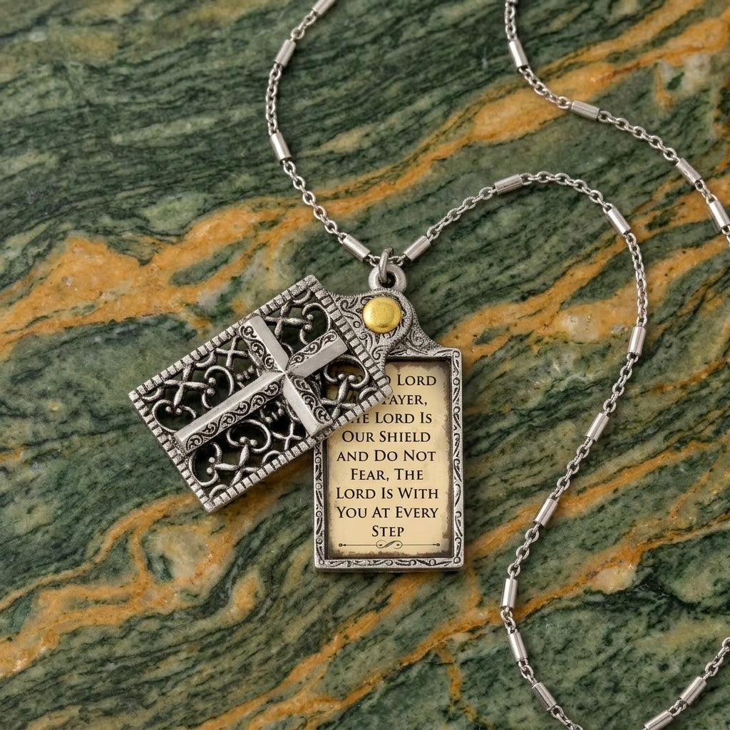 Silver necklace with a cross locket pendant and a written prayer on a green marble background