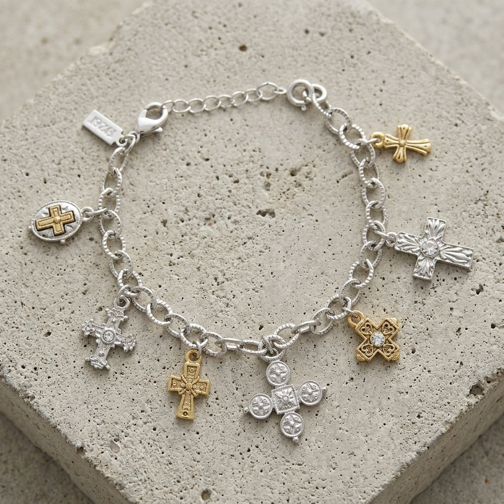 Symbols Of Faith Seven Cross Charm Bracelet| Catholic Jewelry