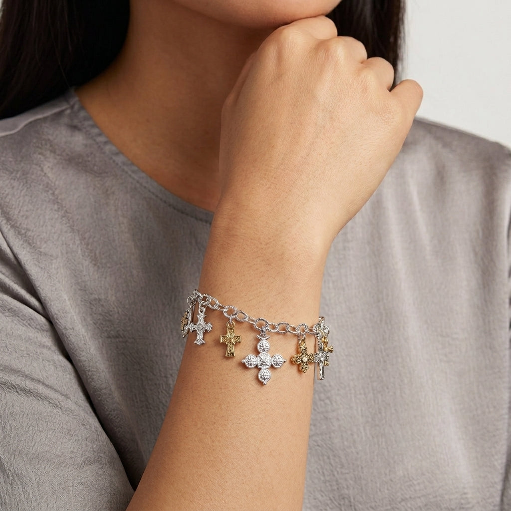 Symbols Of Faith Seven Cross Charm Bracelet| Catholic Jewelry Symbols Of Faith Seven Cross Charm Bracelet| Catholic Jewelry