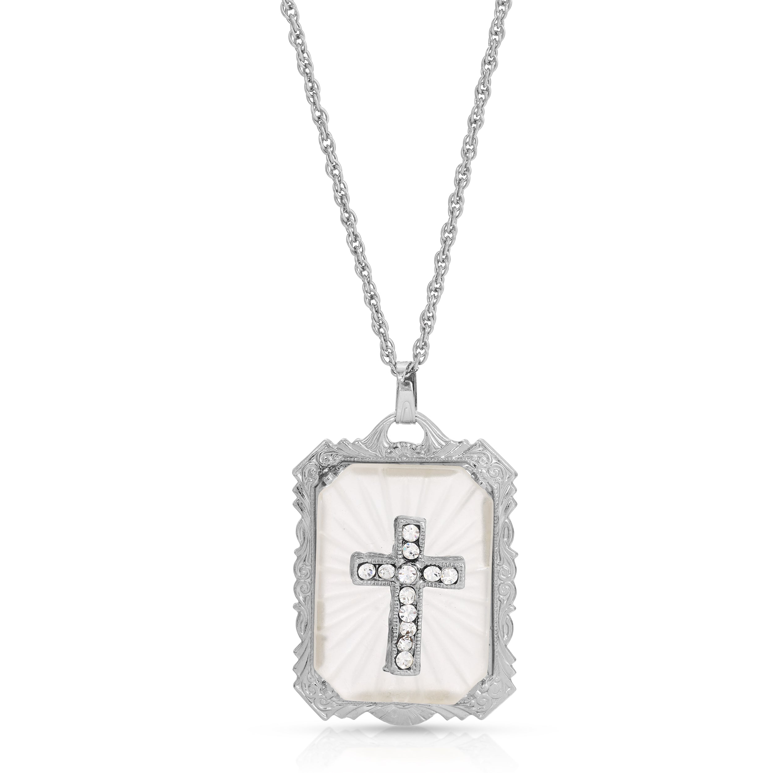 Symbols Of Faith Frosted Stone With Crystal Cross Large Pendant Necklace 18"
