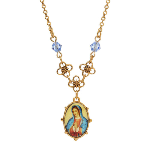 Symbols Of Faith Light Blue Small Oval Mary Pendant Necklace 16